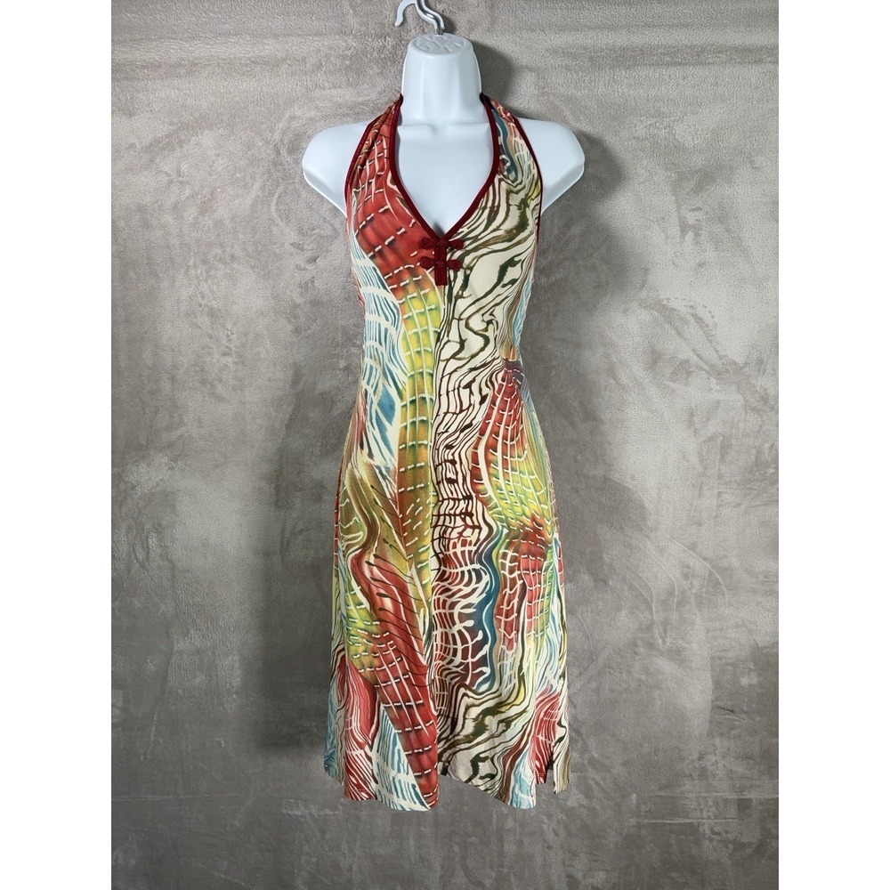 Vintage Y2K Halter Midi Dress Womens Large Psychedelic Abstract Made In USA